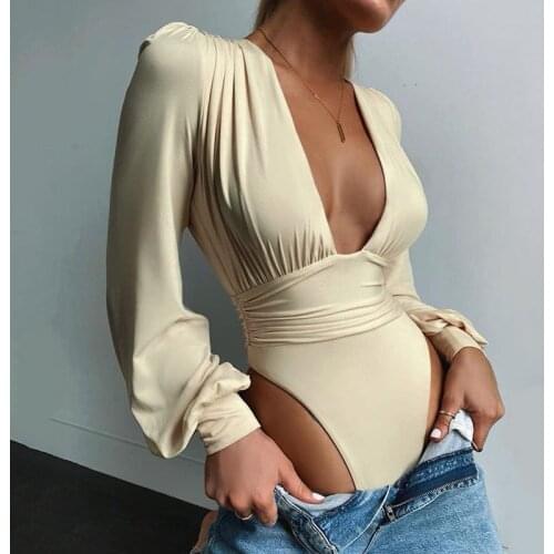 Summer clothes bodysuit sexy club outfits for women deep V neck bodysuit long sleeve one piece outfit white black
