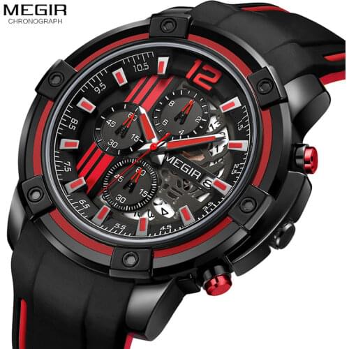 Megir Mens Sports Quartz Watches Army Military Chronograph Wristwatch for Man Luminous Relogios Masculino Clock 2097 Black Red