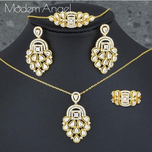 ModemAngel Luxury Special Design Nigerian 4PCS Necklace Bracelet Earring Ring Set Women Wedding Indian Dubai Bridal Jewelry Set