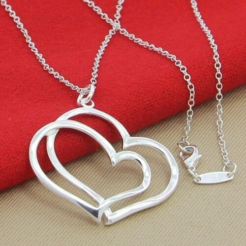 Fashion 925 Sterling Silver Necklace Pendant Simple Double Heart Necklace For Women Party Girl Gifts