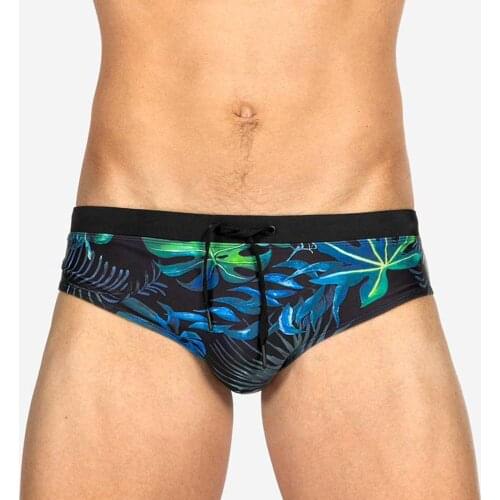 Men 's Swimwear Swimsuits Swim Briefs Bikini Low Rise Leaf Print Board Surfing Trunks Shorts Gay Pouch Quick Drying Black