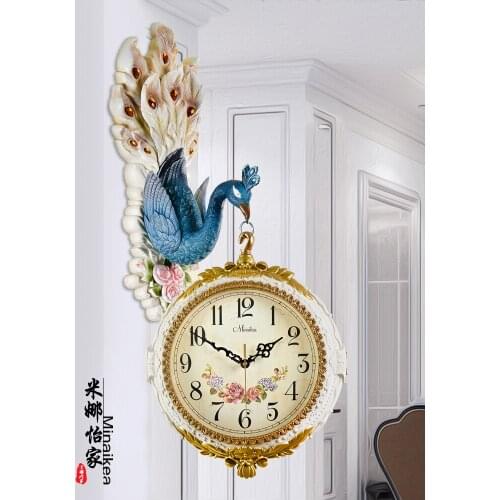 Nordic Double-Sided Peacock Wall Clock Living Room Fashion Clock Creative Personalized Decoration Household Quartz Silent Clock