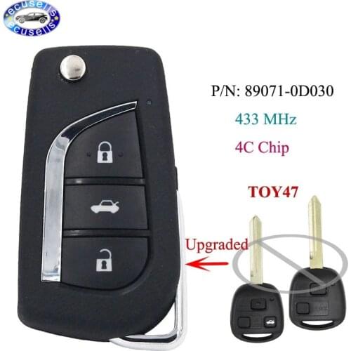 Upgraded Remote Key Fob 433MHZ 4C Chip for Toyota Yaris Avensis Corolla P/N:89071-0D030 With TOY47 Blade