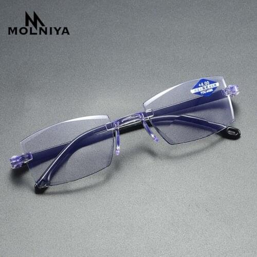 Rimless Reading Glasses Anti Blue Light Bifocal Far Near Magnification Eyewear Presbyopic Glasses +150 +200 Men Women