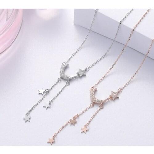 Original 100% Pure S925 Silver Necklace Zircon Diamond Moon Stars Tassel Chain Necklace Collar Exquisite Clavicle Choker Jewelry