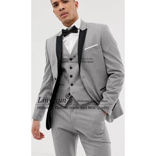 Casual Grey Slim Fit Mens Suits For Wedding Formal Business 3 Piece Sets Groomsmen Blazer Suit Costume Homme (Jacket+Vest+Pants)