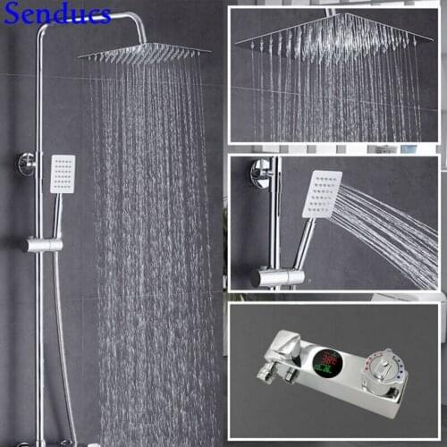 Senducs Thermostatic Shower Set High Quality Brass Bathroom Shower System Digital Shower Set Top Rain Shower Bathroom Chrome Set
