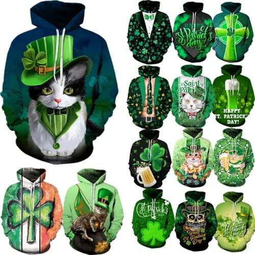 Halloween Cosplay Hoodie Ireland Clover Pattern Pullover Unisex Casual Fashion Sweatshirts Autumn Winter Thickening Cat Tops