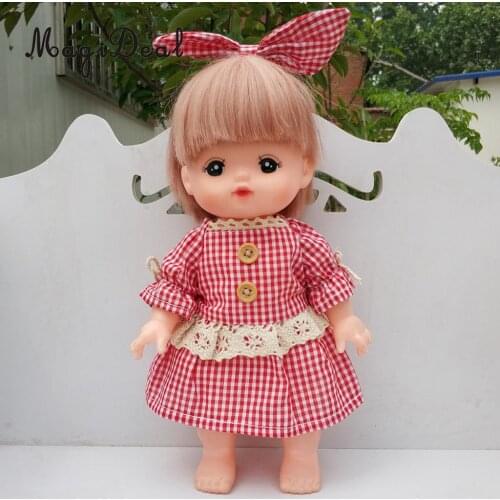 Adorable Red Lace Plaid Dress with Bowknot for 25cm Mellchan Dolls Dress Up Accessories