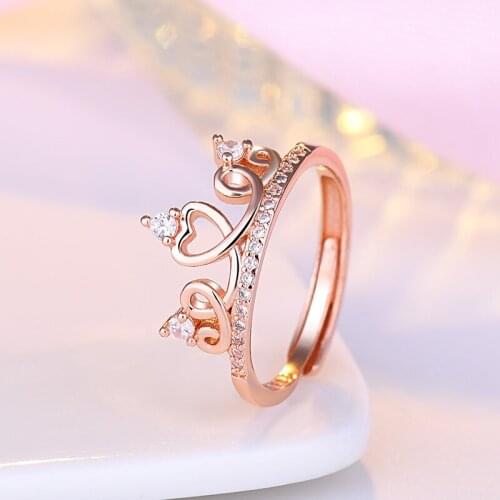 Womens Fashion Cute Crown Shape Finger Rings Shiny Crystal Rose Gold Cute Opening Ring Band Wedding Ring For Bridal Jewelry