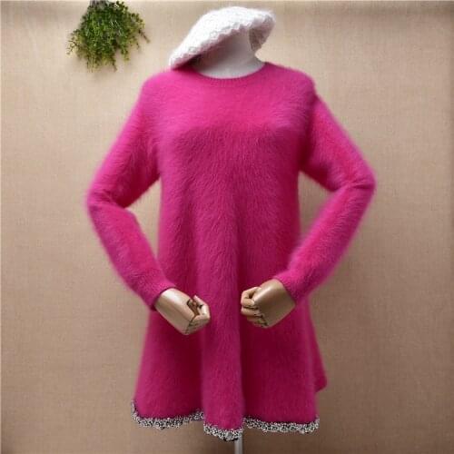 Ladies women fashion mink cashmere knitted o-neck long sleeves slim blouses pullover angora fur jumper sweater pull rose dress