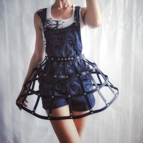 1 SET 2PC Cool Leather Women Harness Black Belt Dress Top Bra Chest Belted Harness Dress Leather Party Dress Skirt