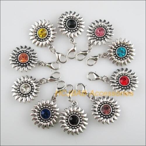 10 New Sun 20x24mm Charms Mixed Round Crystal Tibetan Silver Plated Retro With Lobster Claw Clasps