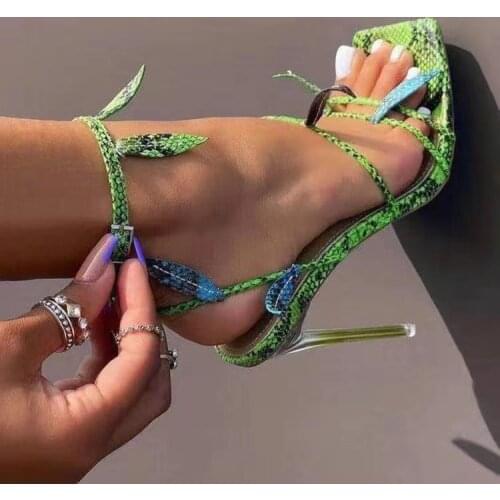 2021 Fashion Snake Skin Summer Sandals Lace Up Cross-tied Peep Toe High Heel Ankle Strap Net Surface Hollow Out Sandals