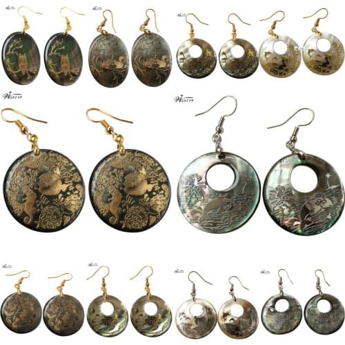 Free Shipping Women Fashion Jewelry Mother of pearl Shell Round Oval Carved Dangle Earrings Pair WFH611