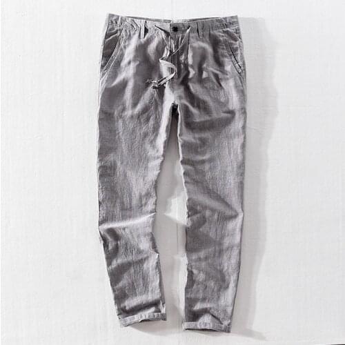 New brand 2018 Italy style long pants men linen gray striped trousers mens leisure loose elastic waist pants male 40 pantalones