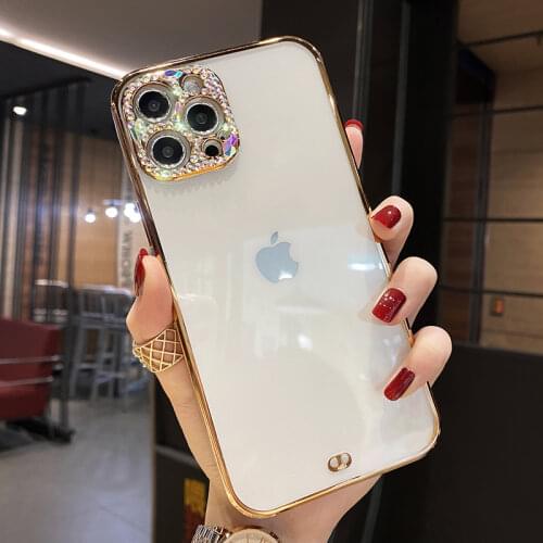 Luxury Rhinestone Phone Case For iPhone 12 Mini 11 Pro 7 8 Plus X XR XS MAX Plating Transparent Lens Camera Glitter Diamond Case