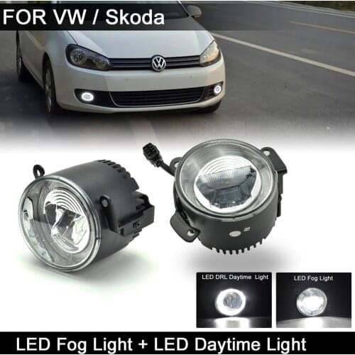2Pcs White LED Fog Light With Halo DRL Daytime Running Light For VW Crafter Golf Polo Touareg Transporter For Skoda Fabia
