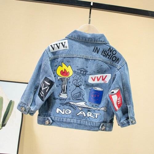 Boys Girls Denim Jacket Children Embroidered Wing Coats Boys Fashion Hooded Denim Tops Girls Long Sleeve Cartoon Print Outerwear