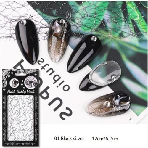 GAM-BELLE 1pc 3D Mesh Nail Sticker Gold Silver Net Line Tape on Nails Holo Adhesive Silk Foil Nail Art Decorations Polish Decals