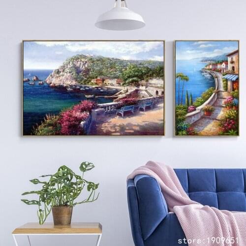 Cotton no frame Mediterranean Sea city house scenery canvas printings oil painting printed on cotton wall art decoration picture