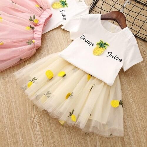 Pineapple Girls Clothing Set Pure Cotton Cartoon T-Shirt + Mesh Lace Skirt 2Pcs Suit For Kids Birthday Present Children Clothes