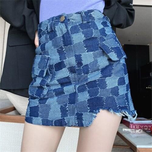 Grid Cowboy Short Skirt Girl High Waist Jeans Skirts Summer Women A-Line Irregular Sexy Vintage Fashion Korean New Mini Skirts