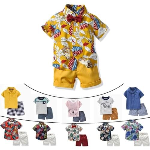 Boys Summer Suits Fashion Shirt Shorts Bow Tie Set Hawaii Style Beach Looks Toddler Casual Clothing Tee Bermuda Pants 2 4 6 Yrs