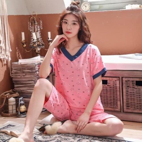 Summer Cotton Women Pajama Set Cartoon Pyjamas Womens Short Sleeve V-neck Casual Soft Sleepwear Loose Plus Size 3XL Pyjama Femme