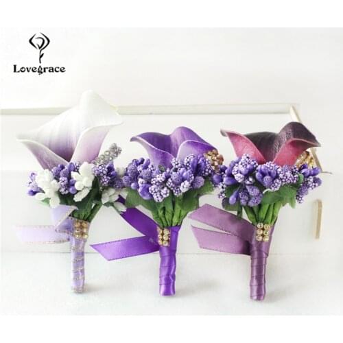 Lovegrace Boutonniere Wedding Corsage Pins Groom Boutonniere Buttonhole PU Calla Wedding Witness Corsage Flowers Man Accessories
