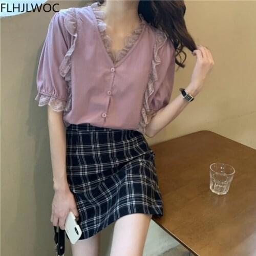 2021 Cute Sweet Tops Blusas Fashion Women summer Japanese Style Girls Solid White Purple Ruffles Single Breasted Button Shirts