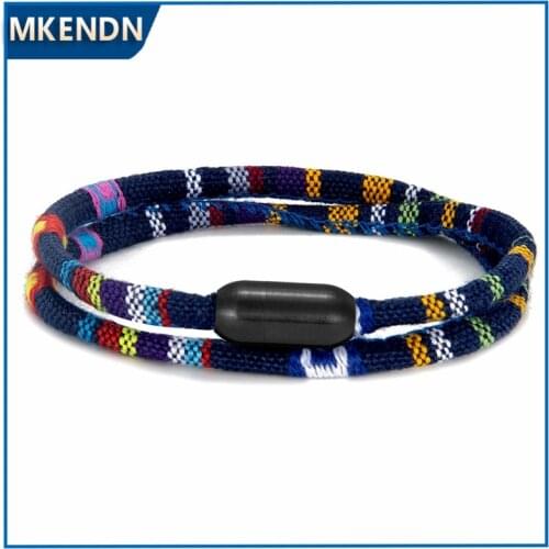 MKENDN Surfer Bracelet For Men Women Black Magnet Buckle Waterproof Cotton Bracelet Handmade Boho Summer Festival Jewelry Gift