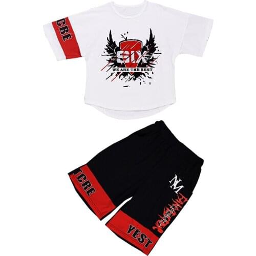 Big Boys Fashion Summer Sports Sets Wings Design Letters Print Loose Fit T-shirts+Shorts 2PCS Clothing Sets Hip Hop Dancer Sets