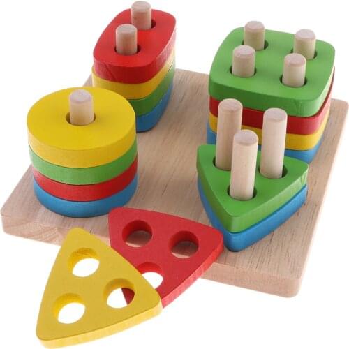 Montessori Wooden Geometry Blocks Sorting Stacking Toys Color Shape Puzzle Board Games Kids Toddlers Sensory Developmental