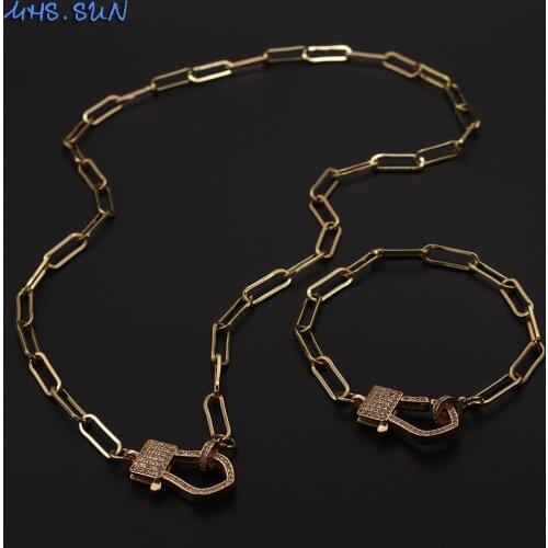 MHS.SUN Gold Color Chunky Chain Necklace Bracelet Fashion AAA Zircon Clap Can Open Jewelry Set Hip Hop Style For Women/Men