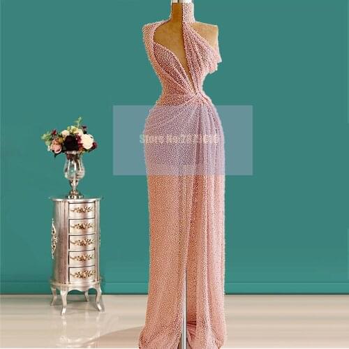 Illusion Pink Pageant Evening Dress Sheath Full-Length Beaded Sequins Prom Dress Slit Gown Dress Formal Party Dress 2020 Dubai
