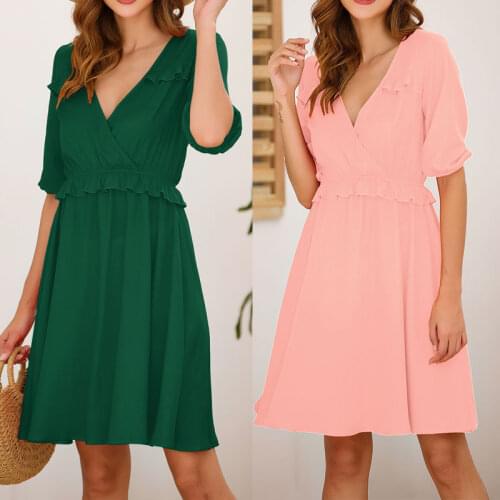 Womens Dresses Elegant Slim Fit Elastic Waist A Line Dress V Neck Ruffle Half Sleeve Pleated Midi Dress for Women