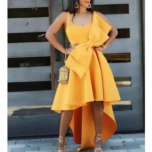 Women Sexy Spaghetti Strap Dresses Yellow Big Bow Fit And Flare Pleated Midi Dress Evening Party Fashion Ladies Dinner Clothing