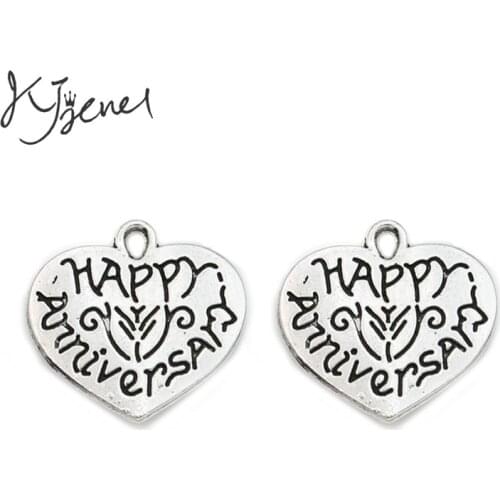 KJjewel Antique Silver Plated Happy Anniversary Charm Pendant Jewelry Findings Accessories Making Craft DIY 20x21mm