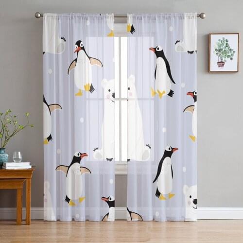 Cartoon Animal Polar Bear Penguin Sheer Window Curtains for Living Room Bedroom Girls Room Decoration Tulle Curtains
