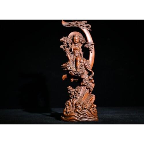 8" China Lucky Old Boxwood Hand-carved Shuiyue Guanyin Free Goddess of Mercy Statue Sitting Buddha Enshrine the Buddha
