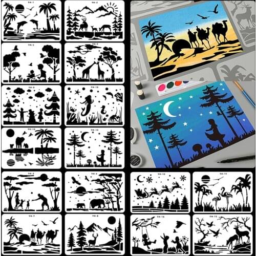 16 Sheets A4 Forest Starry Sky Hollow Painting Template Ruler DIY Copy Stencils for Painting Album Decorative Template