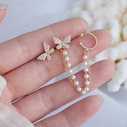 Korean Elegant Cute Rhinestone Butterfly Stud Earrings For Women Girls Fashion Pearl Tassel Metal Chain Boucle D'oreille Jewelry