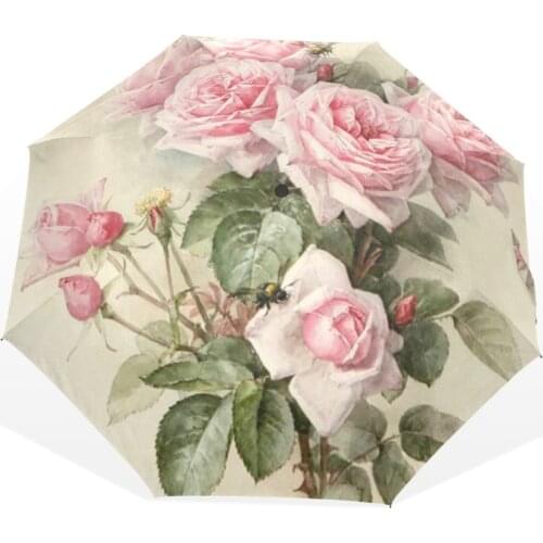 Vintage Shabby Floral Women Rain Umbrella Chic Pink Rose Three Folding Girl Durable Portable Umbrellas Automatic Rain Gear
