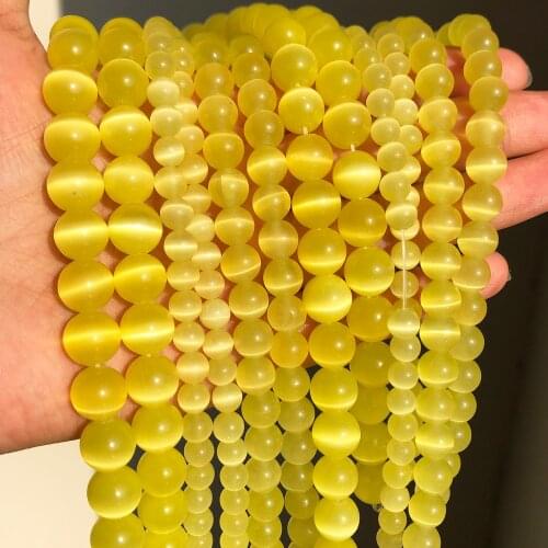 Yellow Cat Eye Opal Beads Natural Stone Glass Loose Round Beads for Jewelry Making DIY Bracelets Accessories 15''Inches 4-12mm