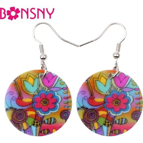 Bonsny Fresh Flower Pattern Acrylic Bohemian Drop Hoop Dangle Round Long Earrings For Women Fashion Jewelry 2017 New Brinco