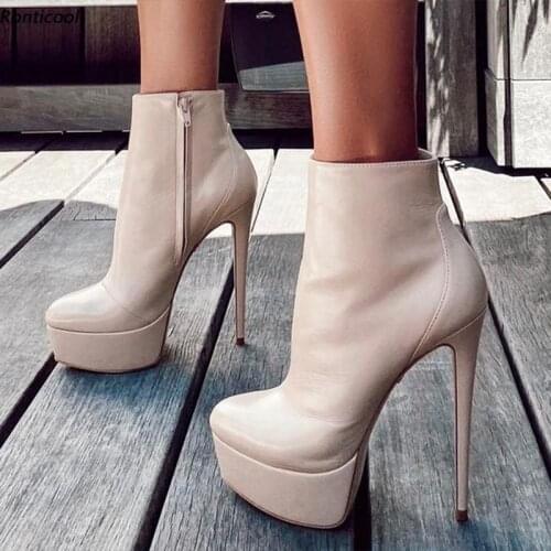 Ronticool Handmade Women Winter Platform Ankle Boots Side Zipper Stiletto Heel Round Toe Beige Party Shoes Plus US Size 5-20