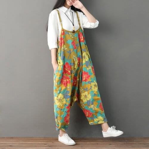 Johnature Print Jumpsuits Ankle-length Pants Overalls Casual Loose Rompers New Summer Cotton National Style Thin Women Jumpsuit