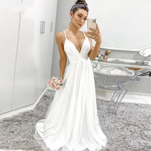 Berylove White Wedding Dress A line Sexy Glitter Bridal Dress Spaghetti Strap Long V Neck Bridesmaid Gown Marriage vestido de