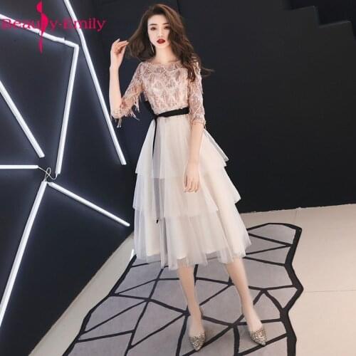 Charming Champagne O Neck Sequined Tassel Half Sleeve Knee-length Women Party Night Dress Vestidos Champagne Appliques Dresses